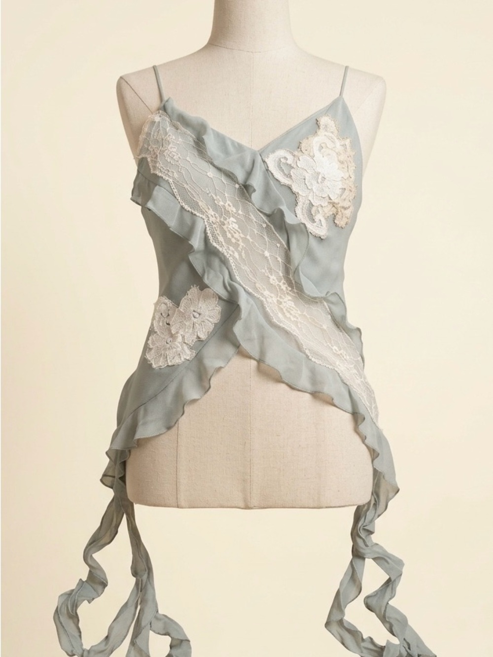 Asymetrical Delicate Lace-Trim Camisole in Dusty Blue